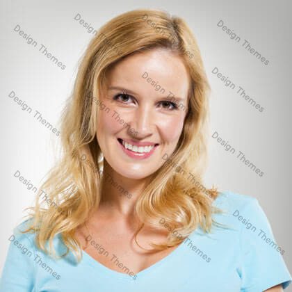 A woman with blonde hair and blue shirt smiling.