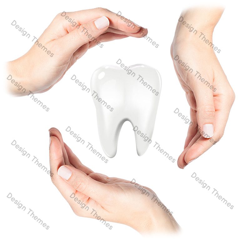 A white tooth is surrounded by hands.