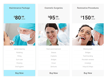 A set of three pricing tables with pictures of doctors.