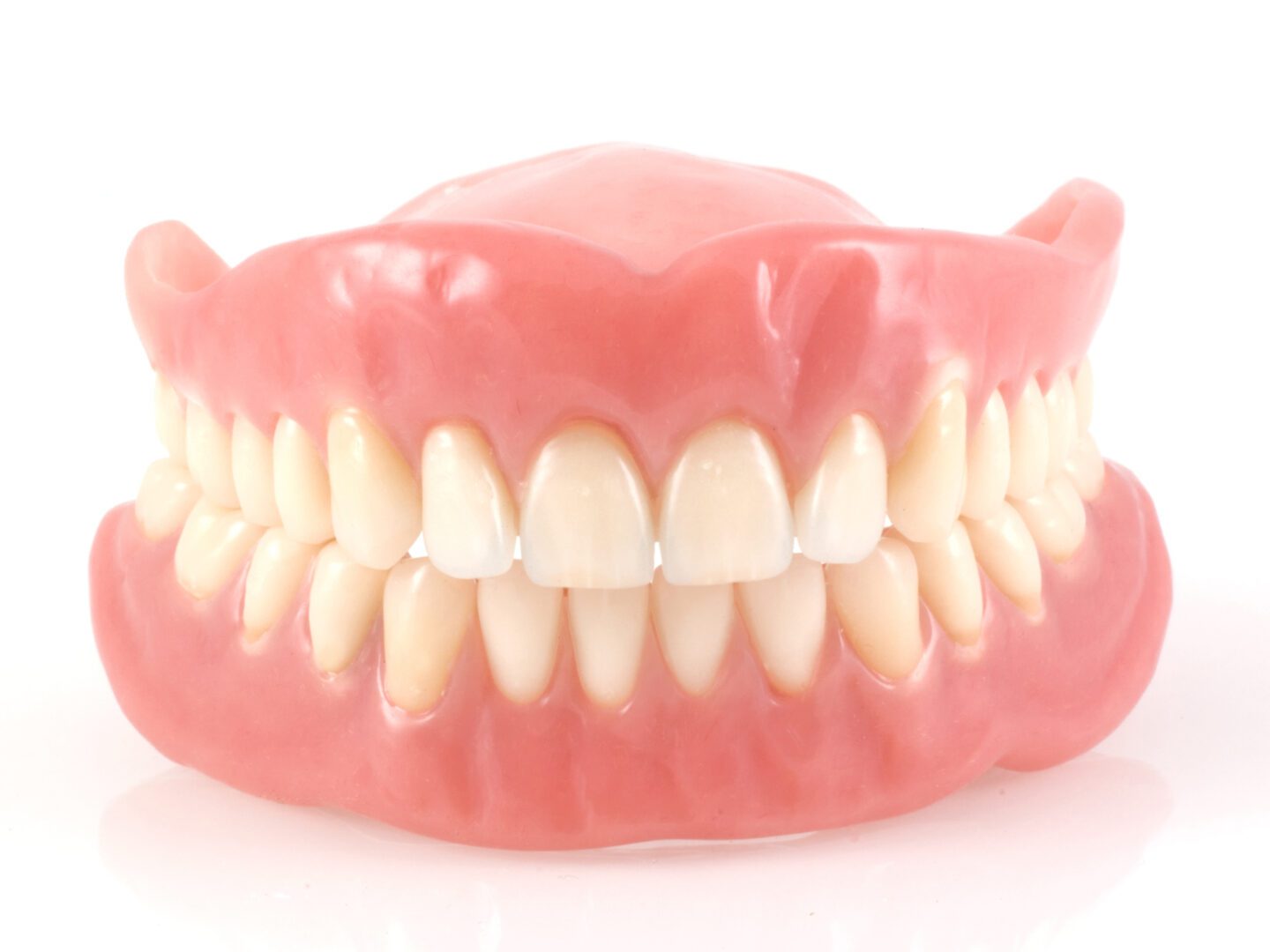 A close up of the teeth and gums of an artificial denture